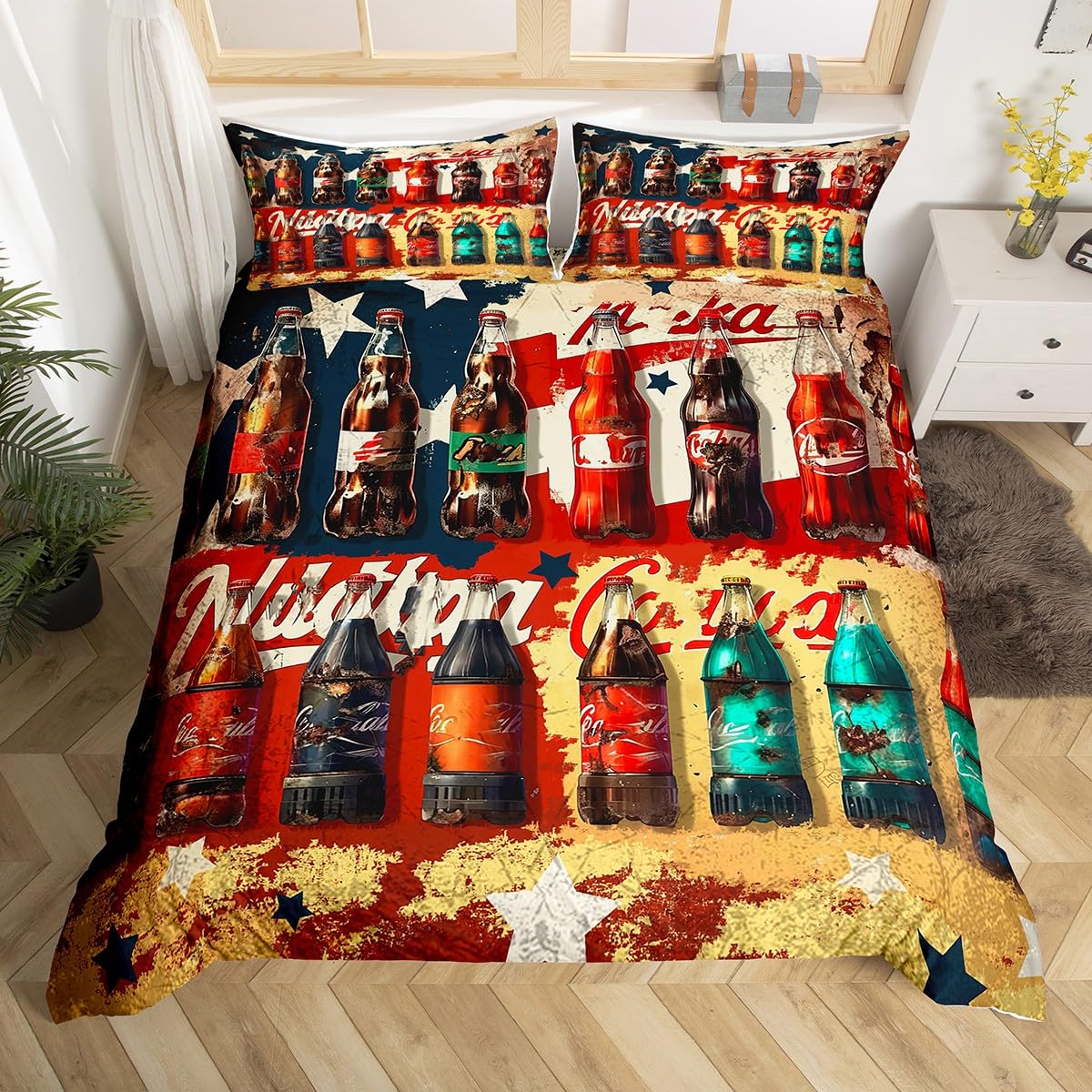 Loussiesd Zestaw pościeli Cola dla dzieci w stylu vintage, rozmiar super king, napoje, poszewka na kołdrę, maluch chłopcy dziewczęta, lato, fajne lato, dekoracja pokoju dziecięcego, z 2 poszewkami na
