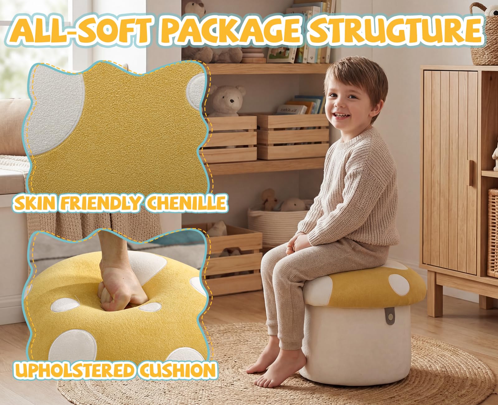 Ya-Home Otomano Bajo 41X33X33cm Taburete con Almacenamiento para Niños de Chenille, Amarillo