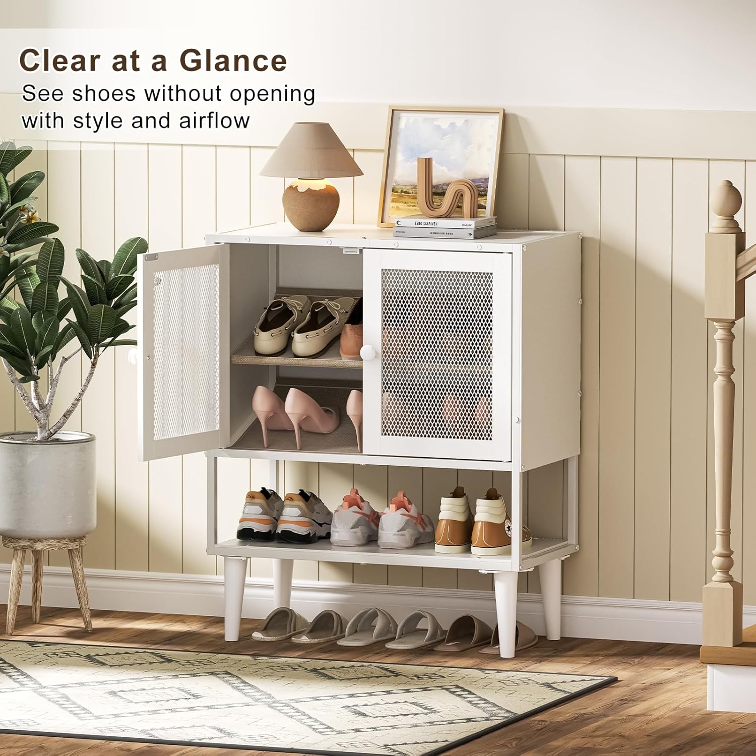 Shoe Storage Cabinet with Visible Mesh Doors for Entryway, Small Shoe Organizer Holds 12-16 Pairs of Shoes up to 11.8"L, Freestanding Wooden Shoe Rack with Front Door for Hallway, Living Room (White)