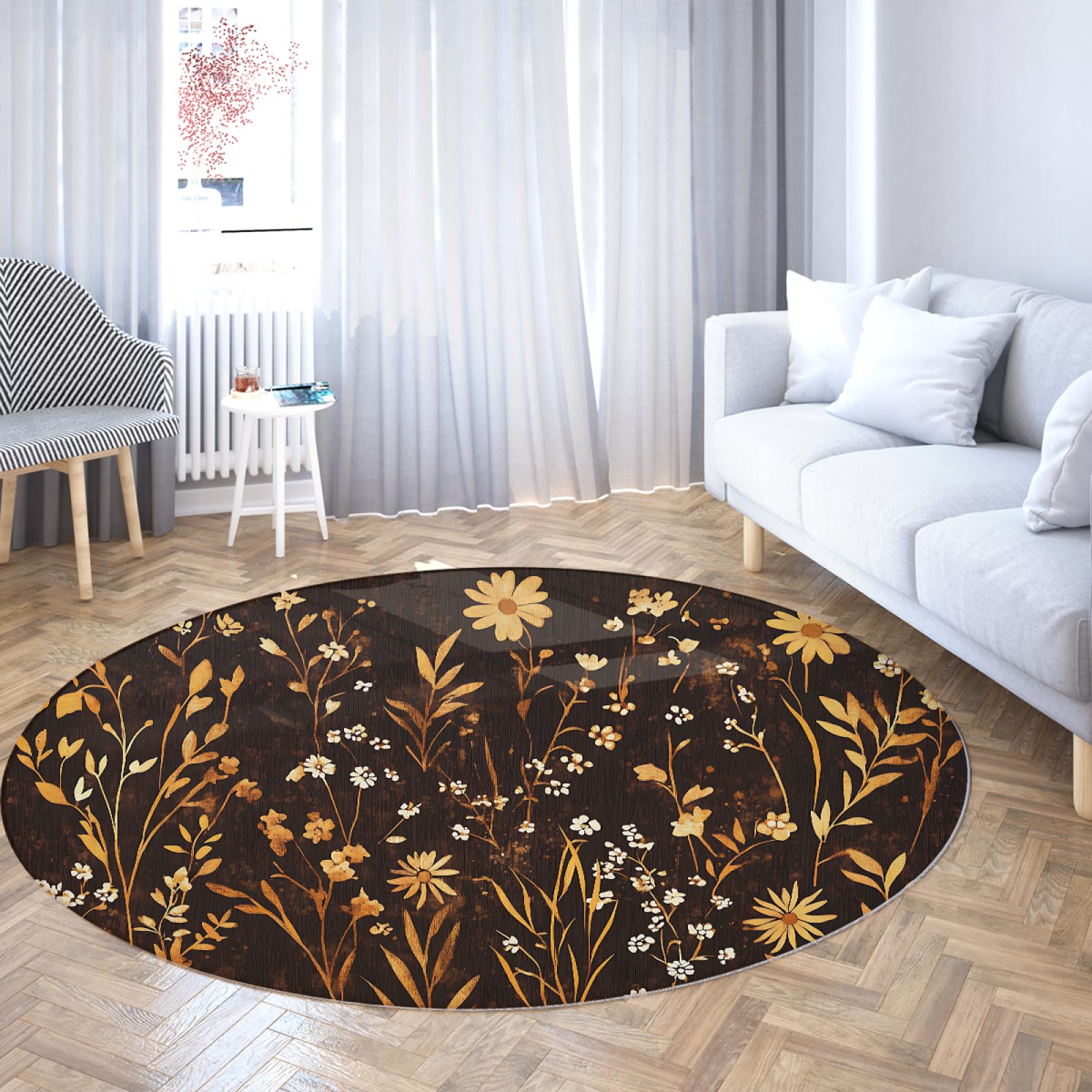 Tapis rond floral vintage 160cm jaune et blanc lavable en machine pour salle à manger