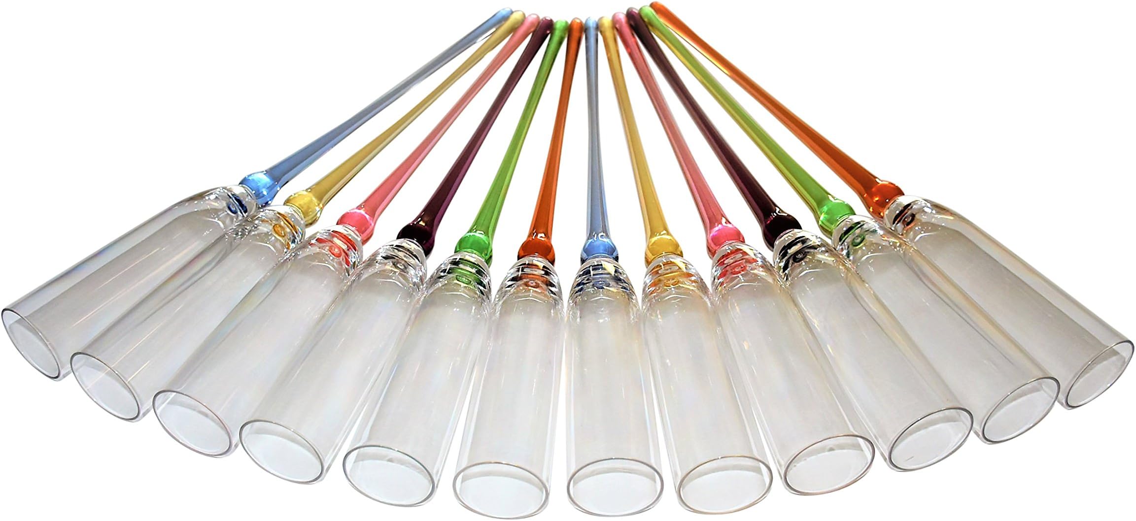 Premium Shatterproof 5oz plastic Champagne Flutes/BPA-Free/set of 12 Multi-colored 10.5 inches Stems.