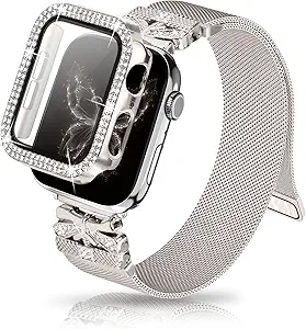 Magnetic Band for Women Compatible with Apple Watch Band 38mm 40mm 41mm 42mm 44mm 45mm 46mm Milanese Stainless Steel Loop with Bling Protective Case, Dressy Metal Strap Replacement iWatch Band