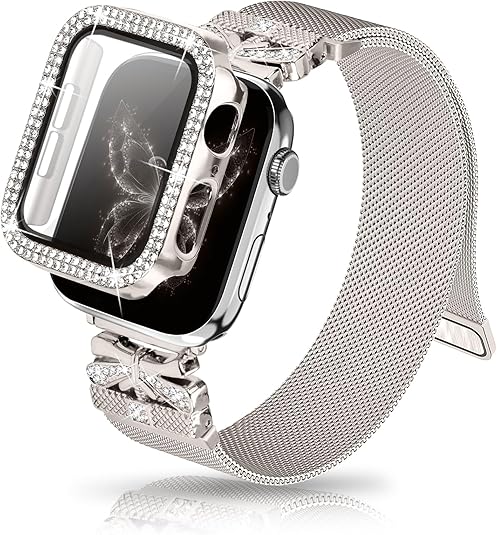 Magnetic Band for Women Compatible with Apple Watch Band 38mm 40mm 41mm 42mm 44mm 45mm 46mm Milanese Stainless Steel Loop with Bling Protective Case, Dressy Metal Strap Replacement iWatch Band