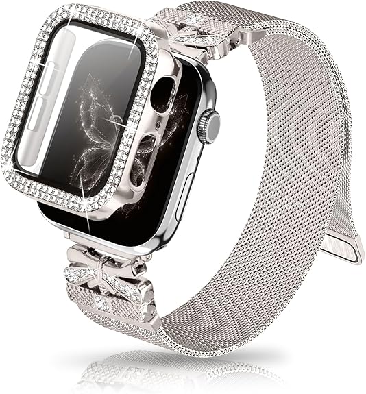 Magnetic Band for Women Compatible with Apple Watch Band 38mm 40mm 41mm 42mm 44mm 45mm 46mm Milanese Stainless Steel Loop with Bling Protective Case, Dressy Metal Strap Replacement iWatch Band