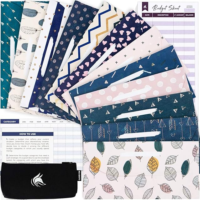 Clever Fox Cash Envelopes for Budget System - Money Envelopes for Budgeting and Saving, 12 Pack of Assorted Colors, Tear and Water Resistant, Includes Carry Pouch & 12 Expense Tracking Budget Sheets