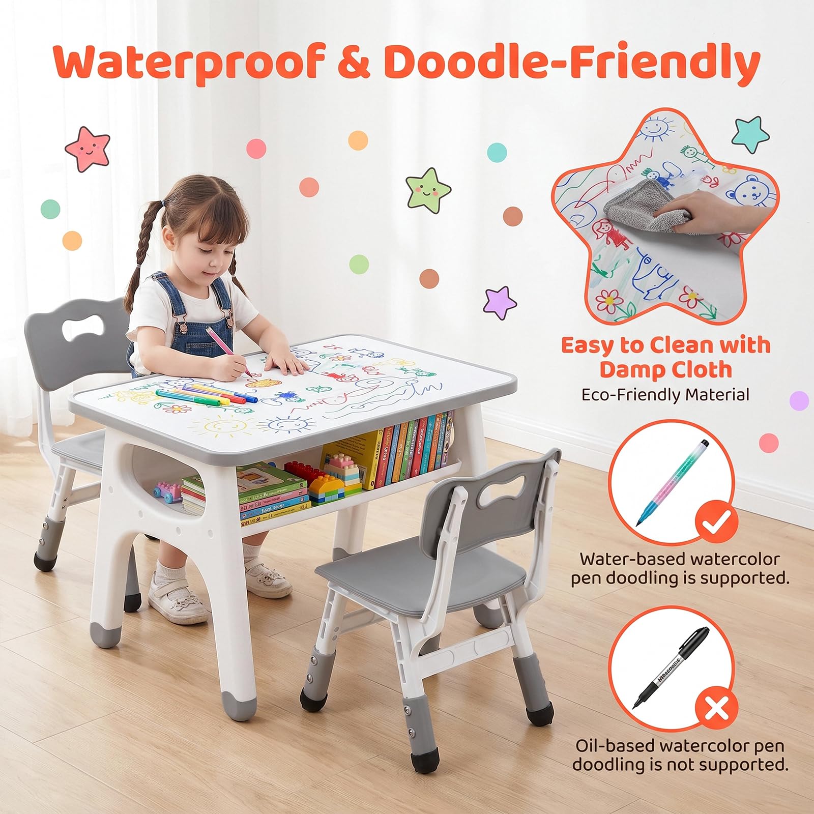 MAMIZO Kindertisch-Stuhl Set, Kindersitzgruppe mit 2 höhenverstellbaren Stühlen, Maltisch für Kinder mit bemalbarer Tischplatte & Stauraum, multifunktionaler Kinderspieltisch 70x50 cm, Grau
