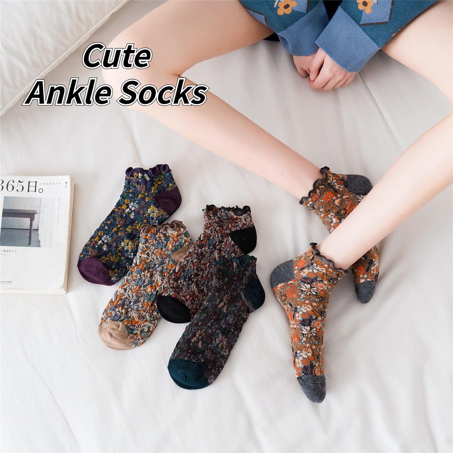 5 Pairs Vintage Floral Patterned Socks for Women, Cute Combed Cotton Ruffle Ankle Socks - Image 2