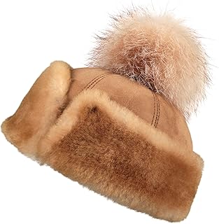 Zavelio Womenâ€™s Shearling Sheepskin Snap Hat with Fox Pom Pom Medium Tan
