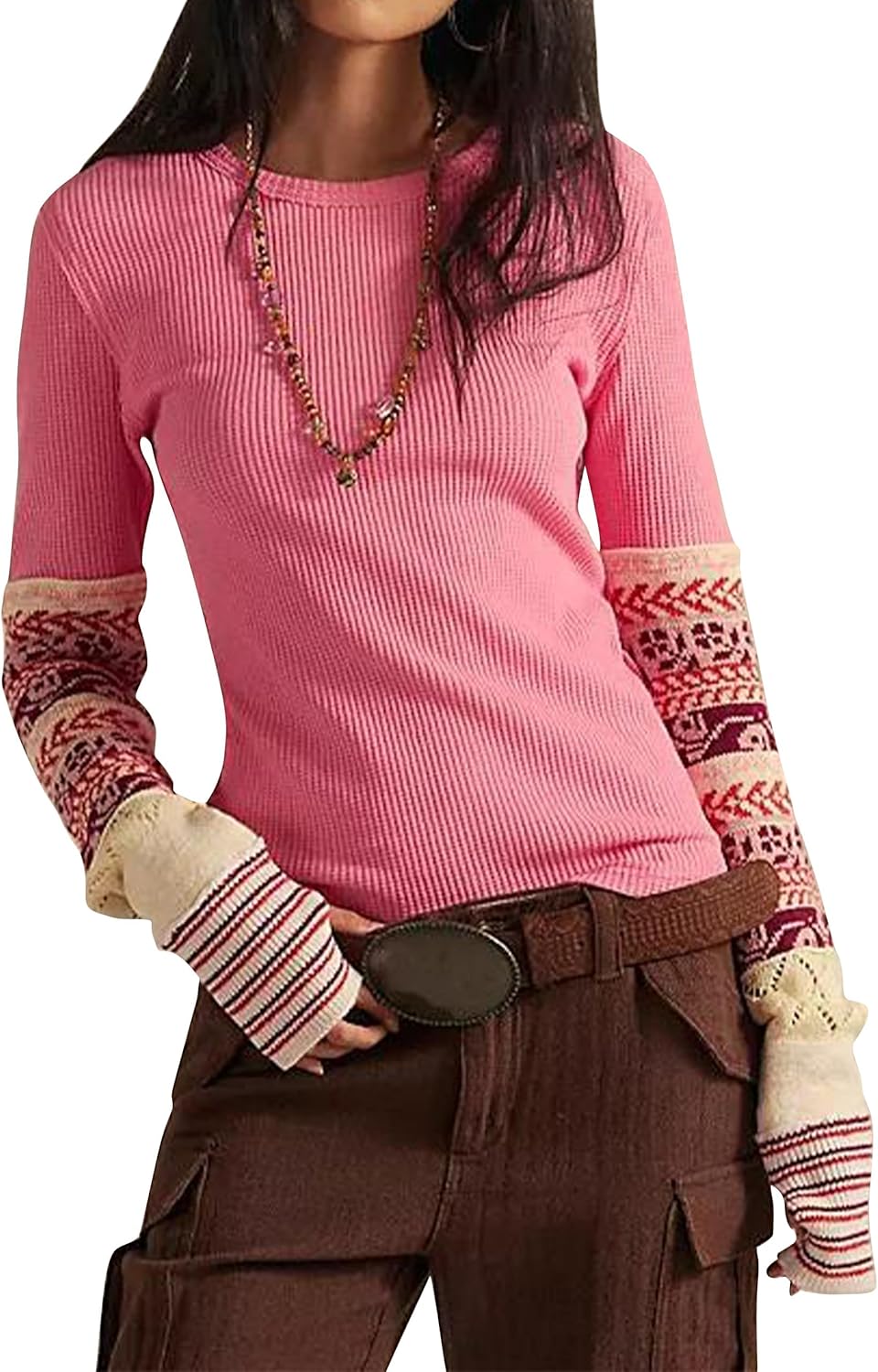 MISSACTIVER Waffle Knit Long Sleeve Shirts for Women Crew Neck Floral Patchwork Tshirt with Thumb Holes Slim Fit Boho Tops