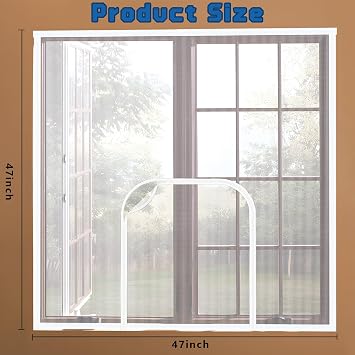 47'' x 47'' Adjustable Window Fly Screen, Fiberglass Mesh Mosquito Netting with Zipper Hook and Sticky Tape, Can Be Cut DIY Cat Proof Window Net for Summer Patio Keep Bugs Out