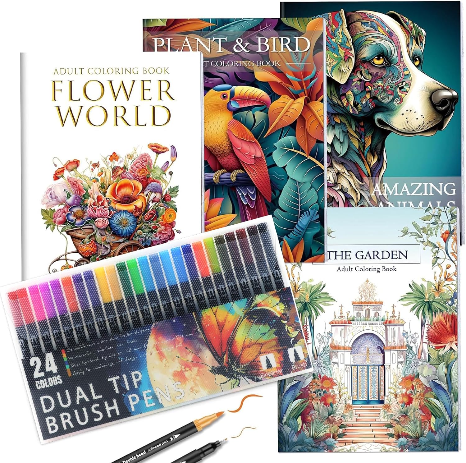 Coloring Book for Adults Relaxation, Mindfulness Coloring Book for Women with 24 Dual Tip Markers, Anxiety Relief Gifts for Women with 128 Patterns Include Plants Animals Flowers Garden Style (4 Pack)