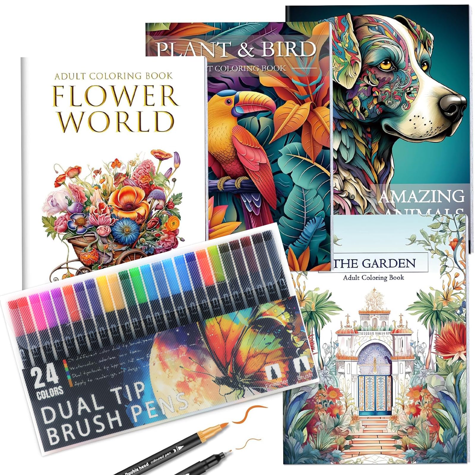 apolyone Livre de coloriage pour adultes, lot de 4 livres de coloriage avec 24 stylos pinceaux à double pointe pour soulager le stress et l'anxiété, 128 images, animaux, fleurs, style jardin, cadeau