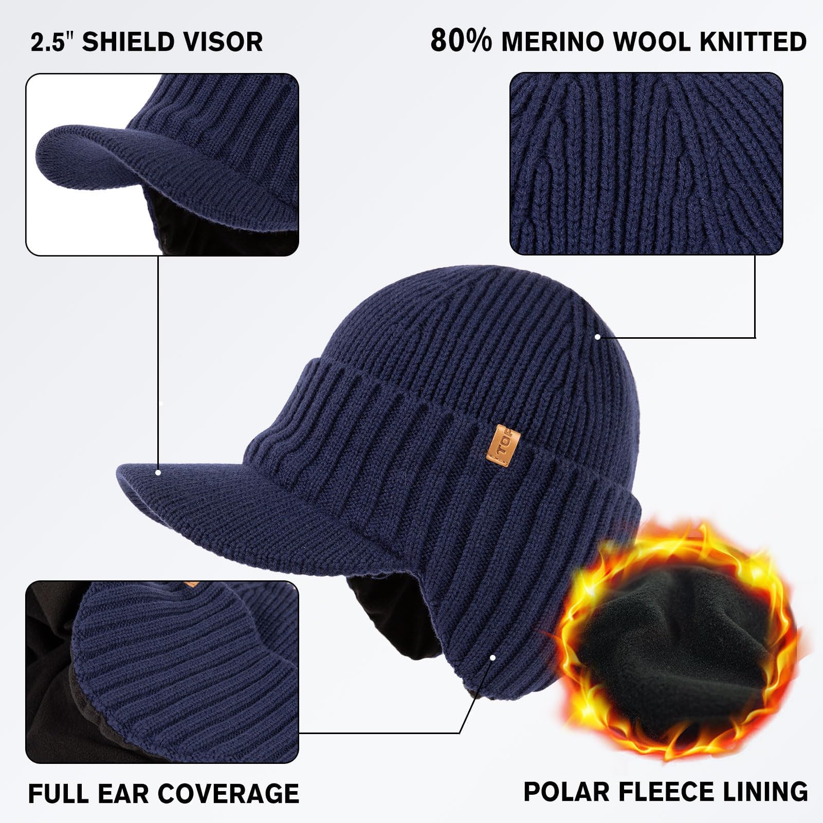 TOP-EX DryKnit - Gorro de lana merino impermeable 80% para hombre, con orejeras y forro polar, gorro térmico de invierno con ala resistente al viento para golf, correr, M/L, azul marino