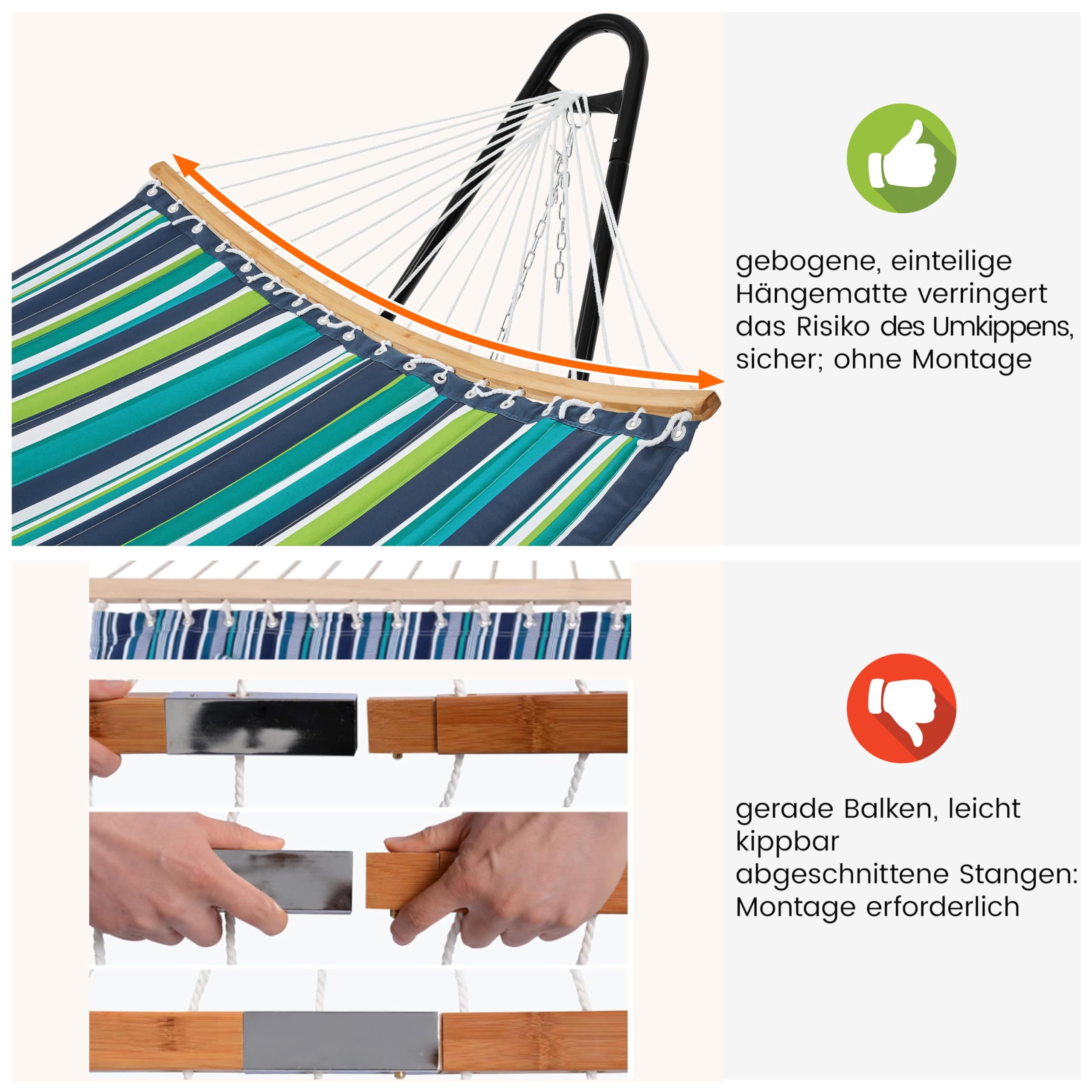 Yaheetech Hangmat met frame, verstelbare dubbele hangmat 294/304/314 cm met stabiel frame, tot 205 kg belastbaar, royale hangmat voor 2-3 personen, voor binnen en buiten, regenboogstrepen