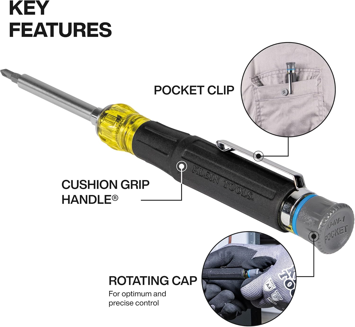 Klein Tools 32611P Mini Precision Screwdriver, 13-in-1 Magnetic Multi-Bit Pocket Driver with Nut Drivers, Phillips, Slotted, and Hex Tips