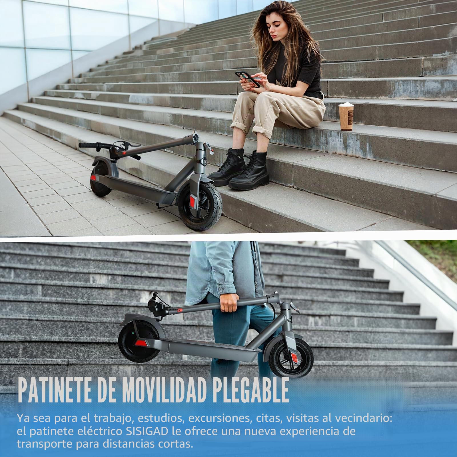 SISIGAD Patinete eléctrico de 10 Pulgadas para Adultos con aplicación, Motor eléctrico de 350 W, batería de 36 V, 10,4 Ah, 20 km/h, Scooter eléctrico, con Doble Freno (no Abe)