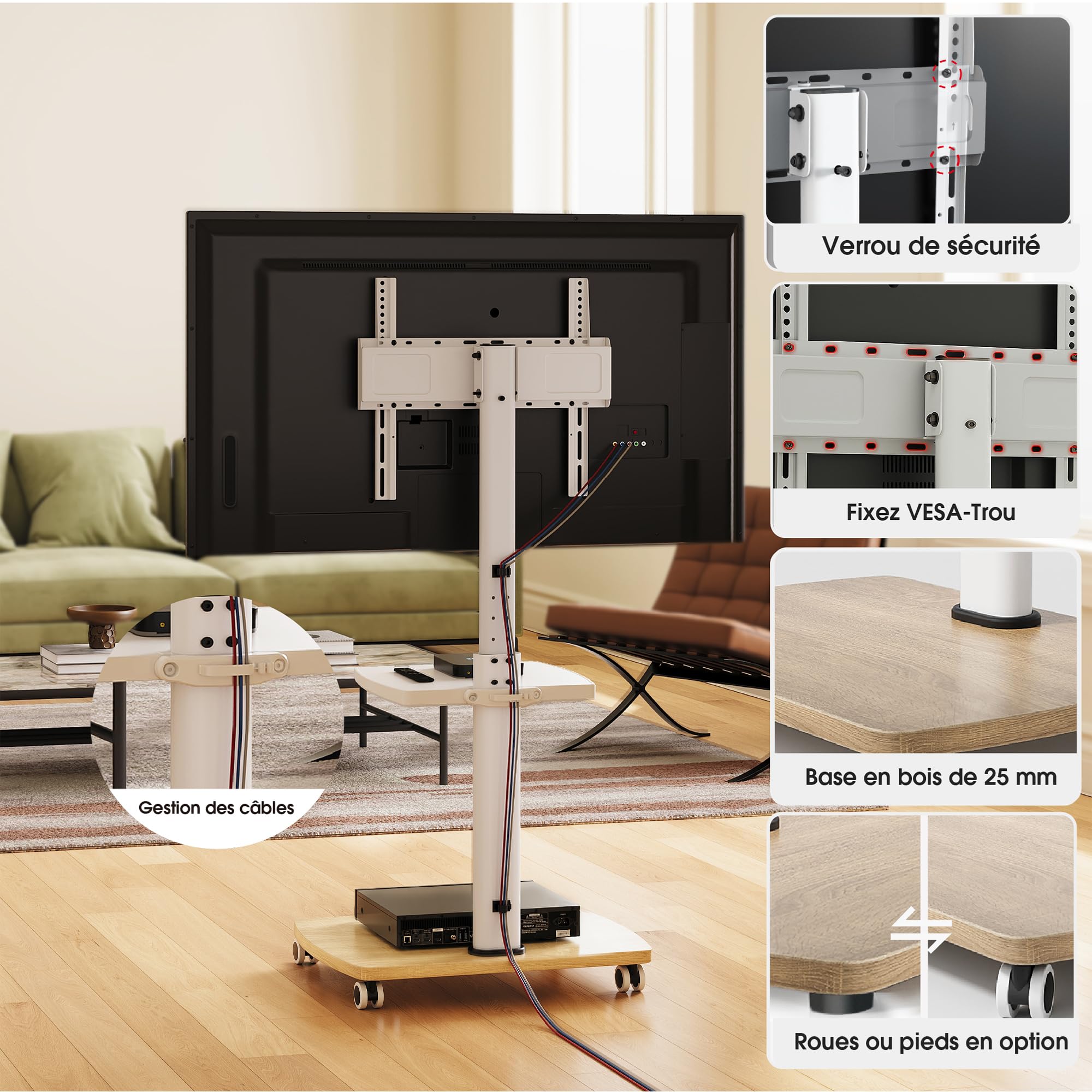 AOKCOS Support TV roulettes pour TV de 32-65 Pouces - Support TV sur Pied Plus Haut 1240 MM-1420 MM Pivotant 60° Inclinaison 12° jusqu'à 40 KG Max. VESA 400x400mm