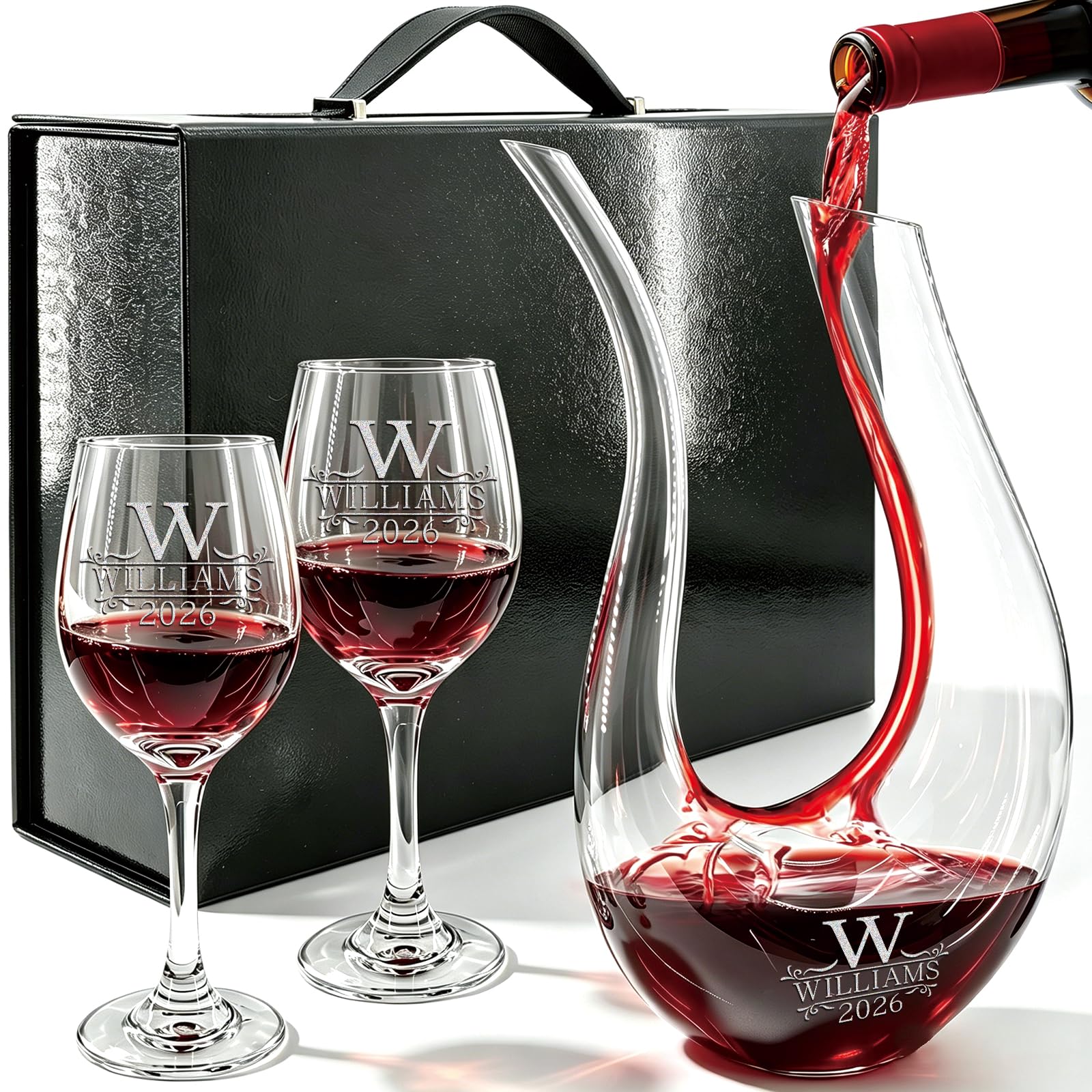 Juego de decantador de vino grabado personalizado, jarra de vino de cisne en forma de U, aireador de vino soplado a mano, regalo para el día del padre y cumpleaños