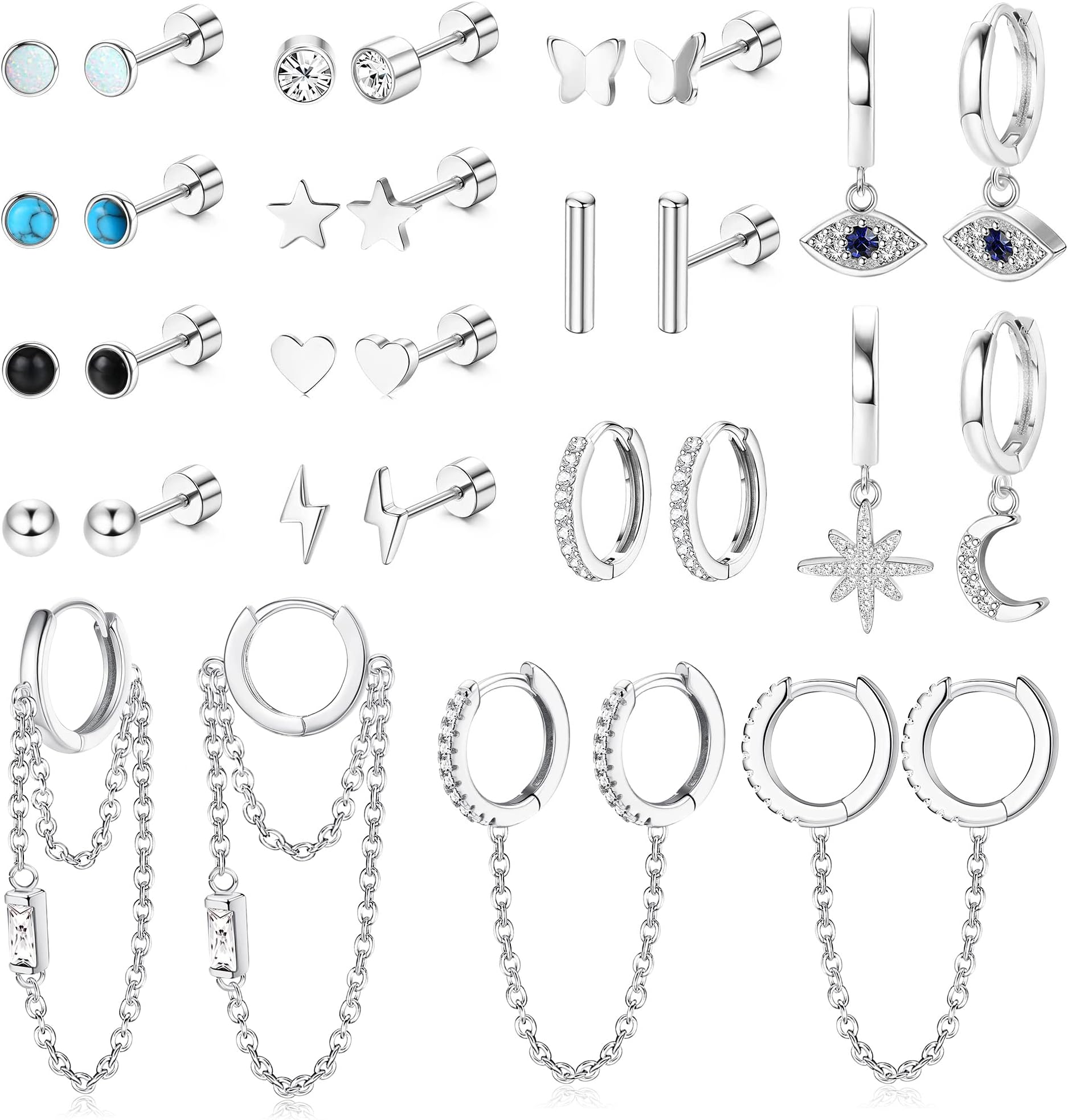 15 Pairs Small Earrings Set for Women Men Surgical Steel Dangle Hoop Earrings Hypoallergenic Cartilage Stud Earrings Star Moon Zirconia Tiny Piercing Earrings Set for Multiple Silver/Gold