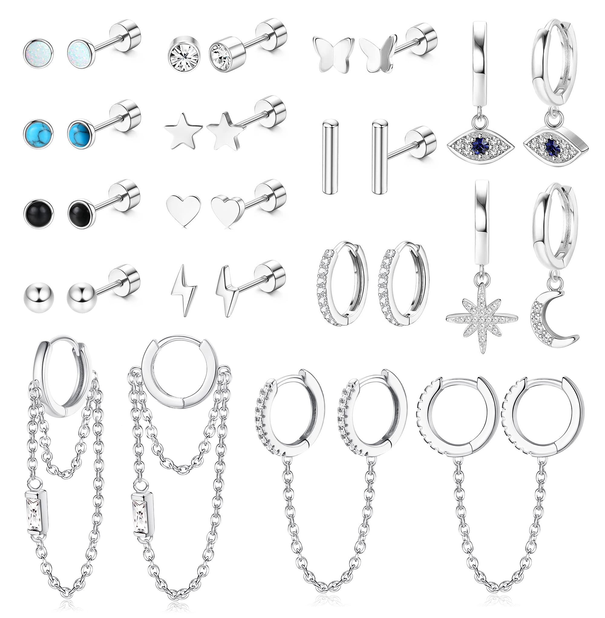 JeweBella15Paia Pequeños Pendientes Mujer Acero inoxidable Hipoalergénico Mini Pendientes Aro Colgantes con Cadena Pendientes Luna Estrella Zircon Mal de ojo Pendientes Conjunto Oro/Plata