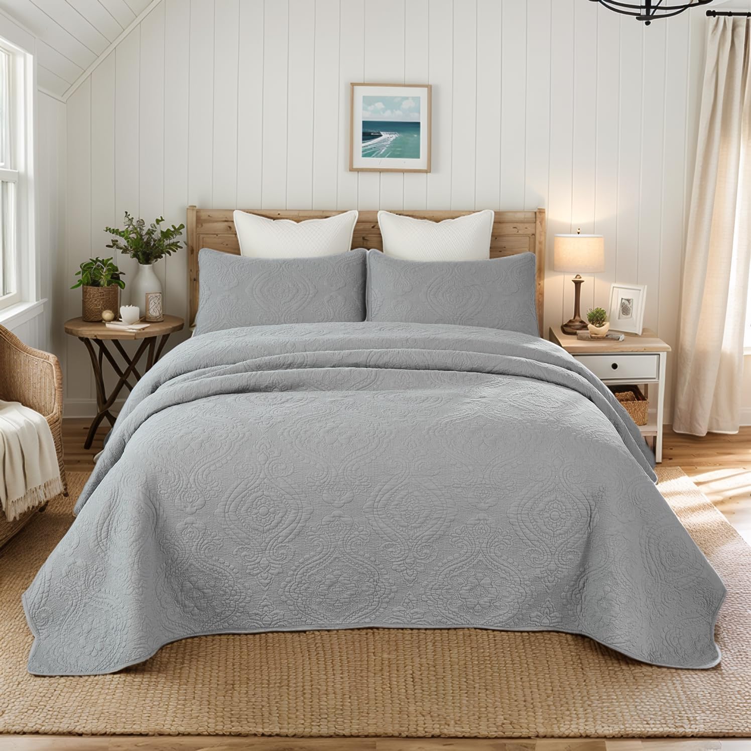 Brandream Queen Size Quilt Set Cotton Luxury Quilted Bedding Set Gray Damask Matelasse Coverlet Set 3 Piece