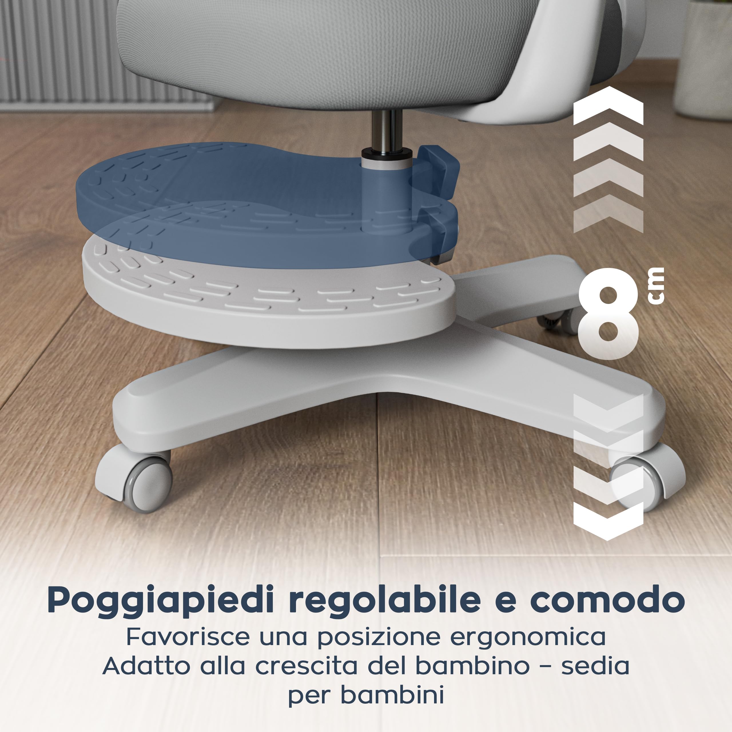 MARK ADLER Junior 4.6 Sedia ergonomica per bambini da scrivania girevole - altezza regolabile - schienale regolabile - rotazione a 360° - braccioli pieghevoli - ruote di gravità - poggiapiedi – Grigio