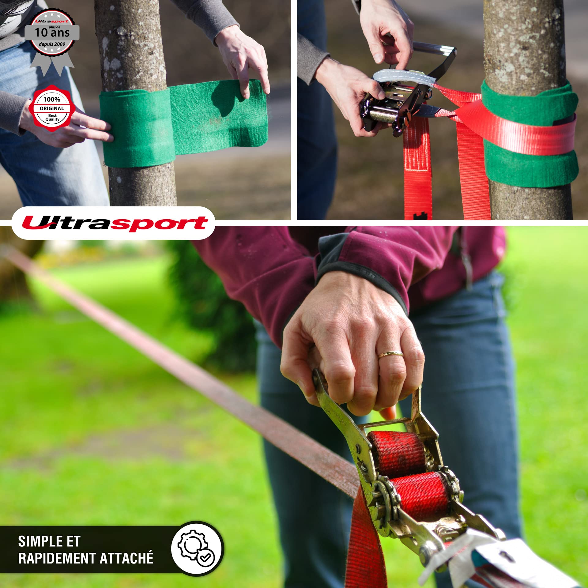 Ultrasport Slackline 15m-25m, avec cliquet et Sac Transport, Jeu Complet Slackline, Disponible avec et sans Protection d'arbre, Jeu Slackline, Slackline Fitness, certifié TÜV GS, Enfants et Adultes