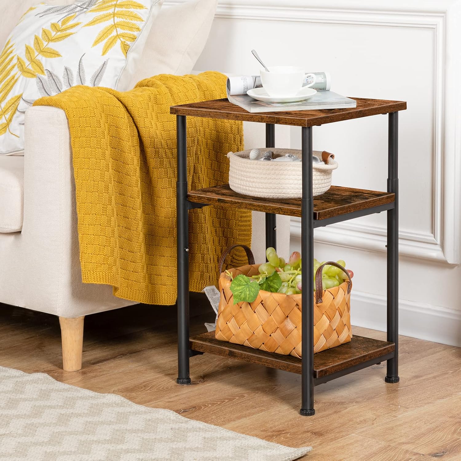 HOOBRO Side Table, Height-Adjustable Nightstand with Storage Shelves, 3-Tier Tall Industrial End Table, Coffee Table, for Living Room, Bedroom, Study, Solid Structure, Rustic Brown BF65BZ01 : Home & Kitchen
