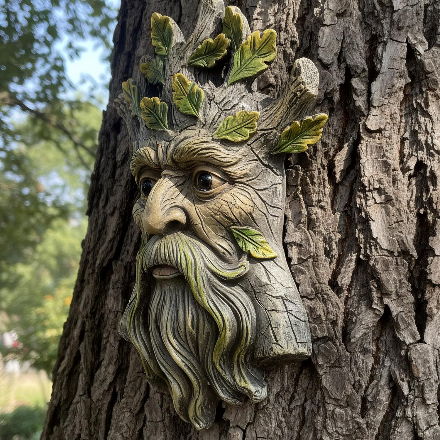 Old Man Tree Face Hugger Outdoor Decor, Handmade Tree Art Resin Statue with Leaf & Root Details, Whimsical Hanging Yard Art for Garden Wall Fence