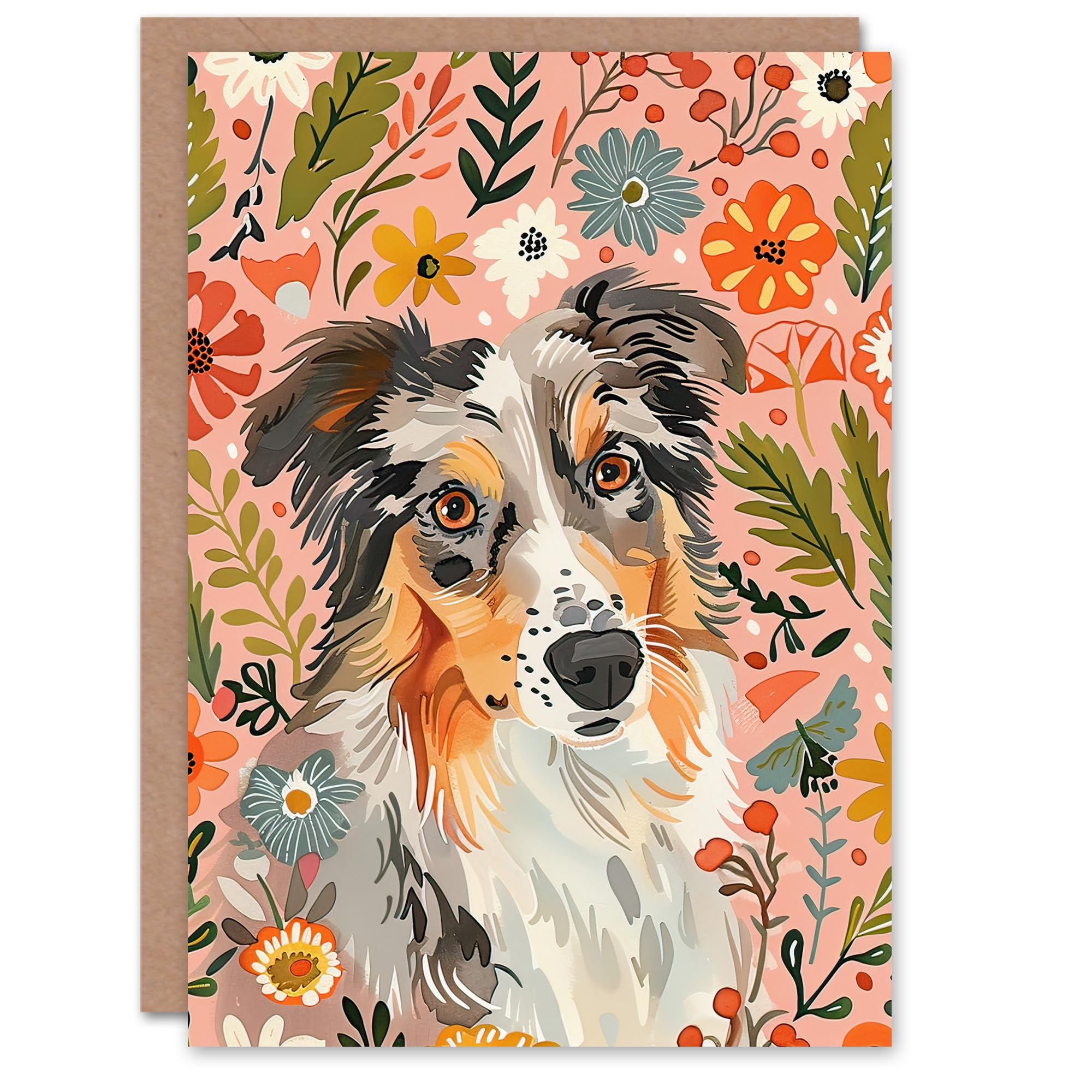 Artery8 Greeting Card Australian Sheepdog Floral Portrait Watercolour Blank For Him Or Her Art Birthday Card