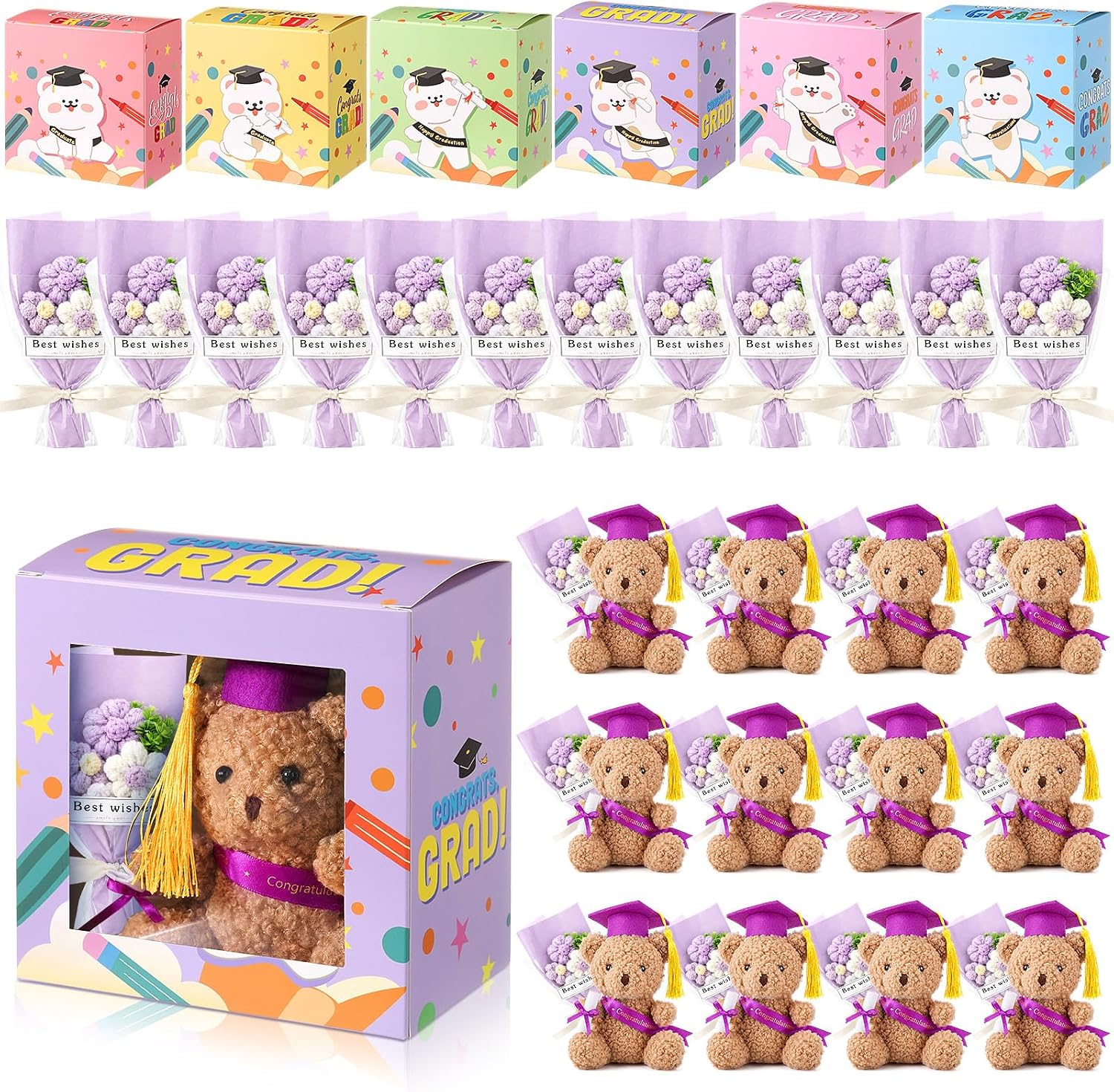 Skylety 12 Set Class of 2026 Graduation Bear Plush with Bouquet and Gift Box, Mini Stuffed Animal Graduation Party Favors Bulk for Grad Party Guests, Grad Gifts for Her/His (Purple Series)