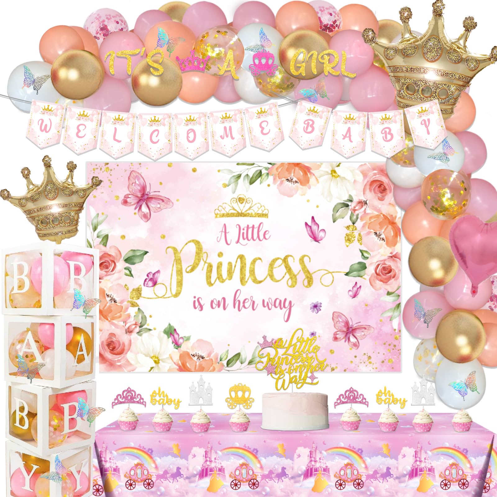 135 PCs Princess Baby Shower Decorations, Fiesec A Little Princess Is On Her Way Baby Shower Decorations Backdrop Banner Balloon Garland Tablecloth Cake Cupcake Topper Box Cutout Crown 3D Butterfly