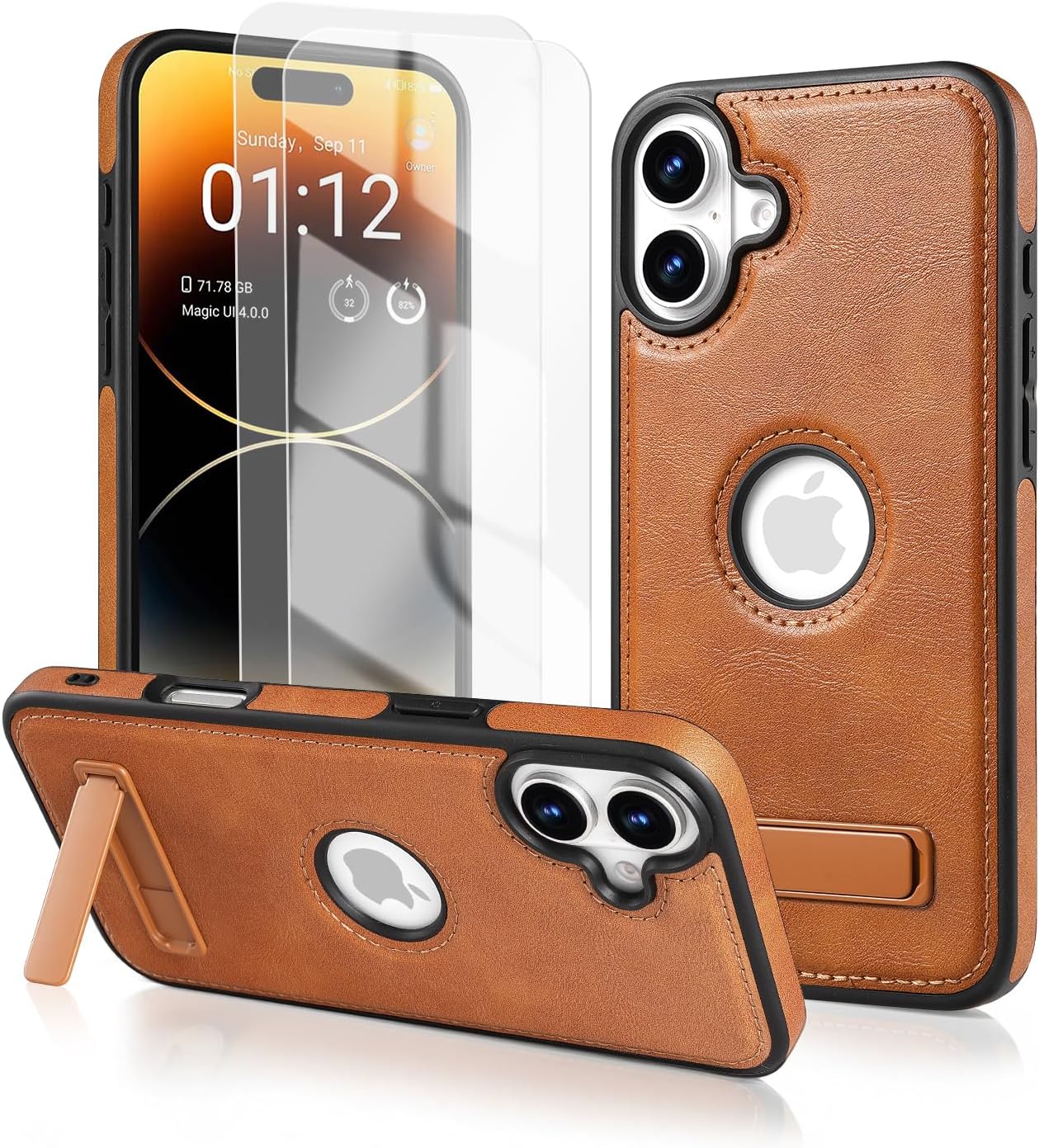 Korecase Phone Case for iPhone 16 Plus Leather,[with Screen Protector(2 Packs)], Slim Adjustable Kickstand Shockproof Protective for Apple iPhone 16 Plus Case Leather Black