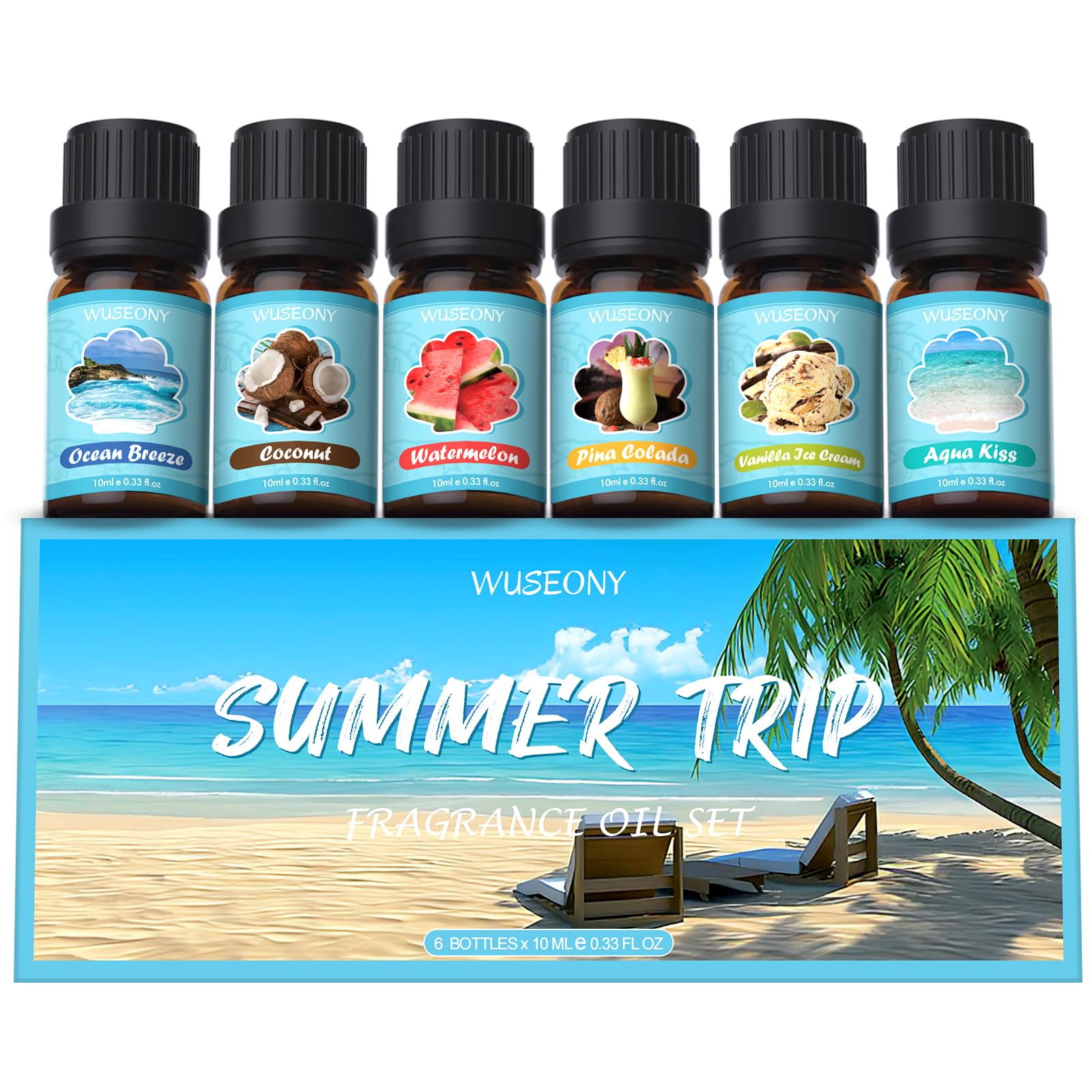 Summer Fragrance Oils Set, Premium Essential Oils for Diffuser, Natural Aromatherapy Oils for Soap Candle Making - Ocean Breeze, Coconut, Pina Colada, Watermelon, Vanilla Ice Cream, Aqua Kiss