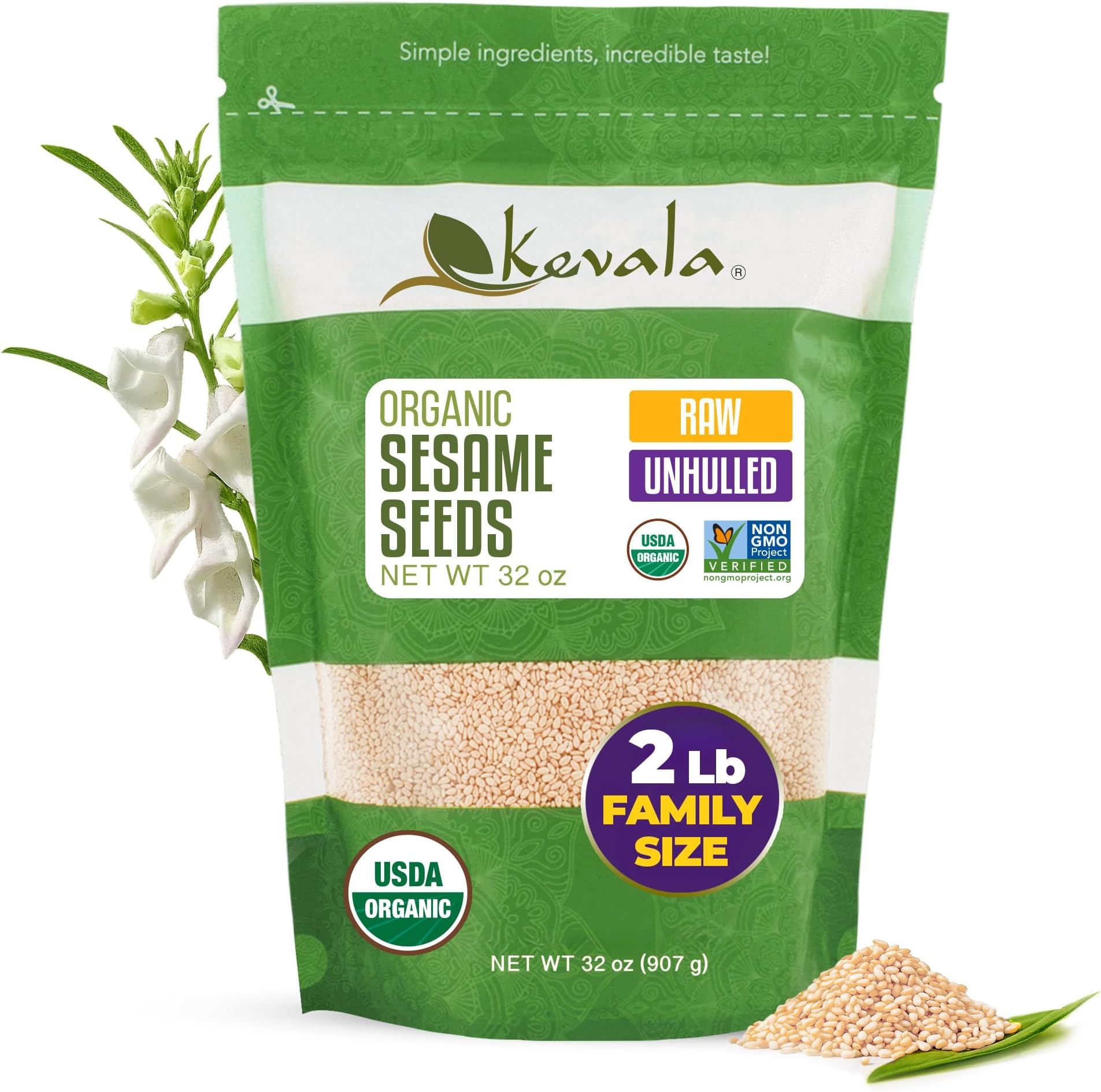 Kevala Raw Sesame Seeds Unhulled - Crunchy Seasoning with a Nutty Flavor for Healthy Snacks and Noodles, Convenient Resealable Bag for Easy Storage, Fresh Vegan Pantry Staple, 2 lb, 32 oz