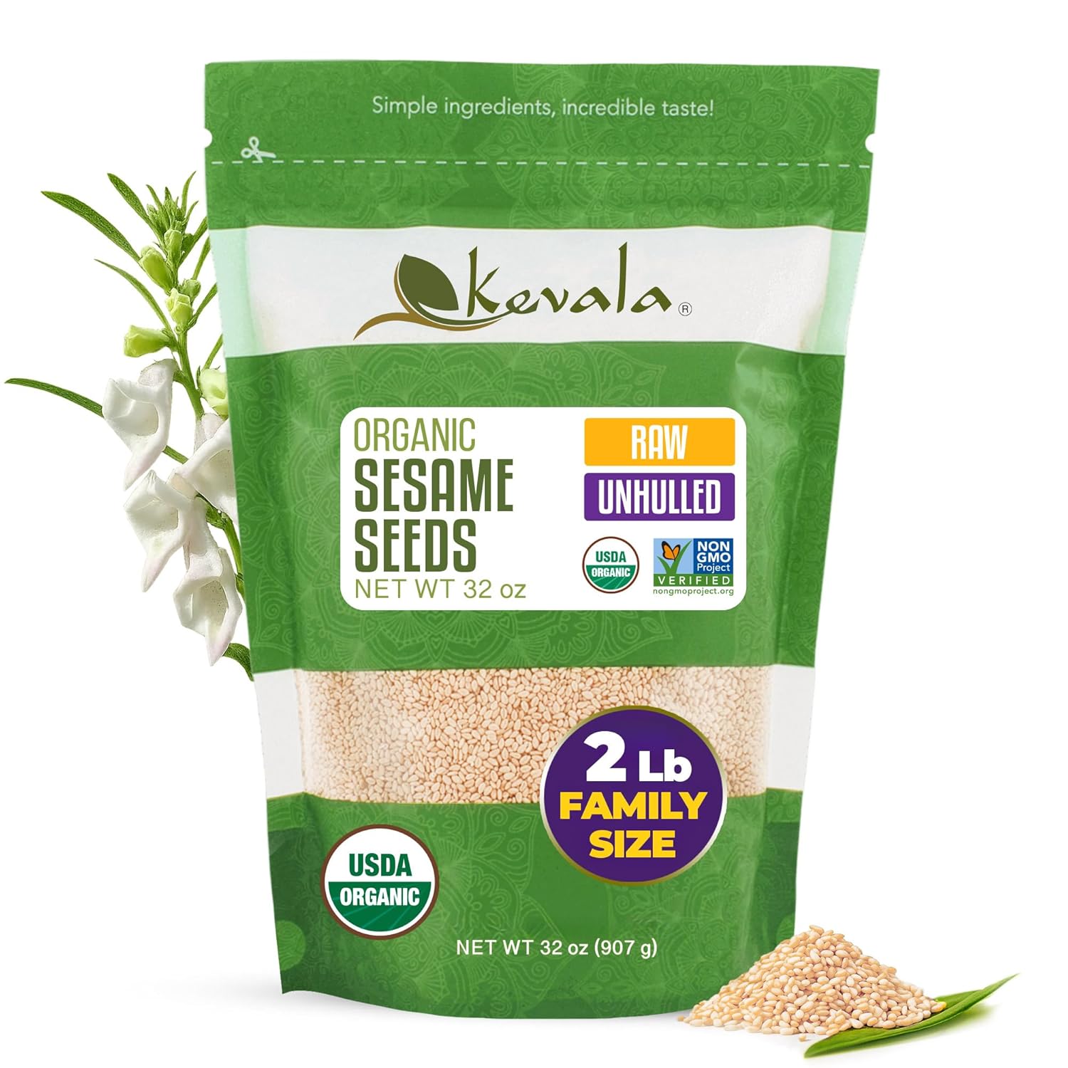 Kevala Organic Raw Unhulled Sesame Seeds 2lb - Crunchy Nutty Vegan Seasoning for Snacks, Noodles, Salads & Asian Dishes