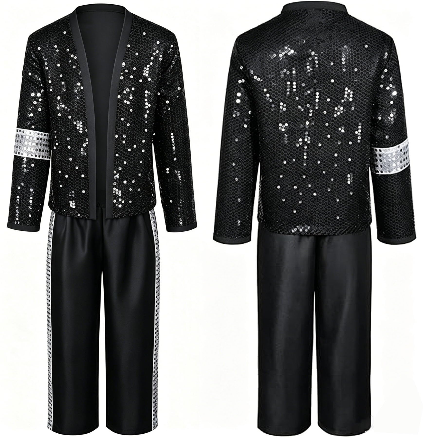 Generico 7 Pcs per Costume Halloween Pop Star - Giacca Nera con Paillettes, Pantaloni, Cappello, Guanti Travestimento Retrò Anni '80/'90 per Spettacoli Scena per Feste Halloween