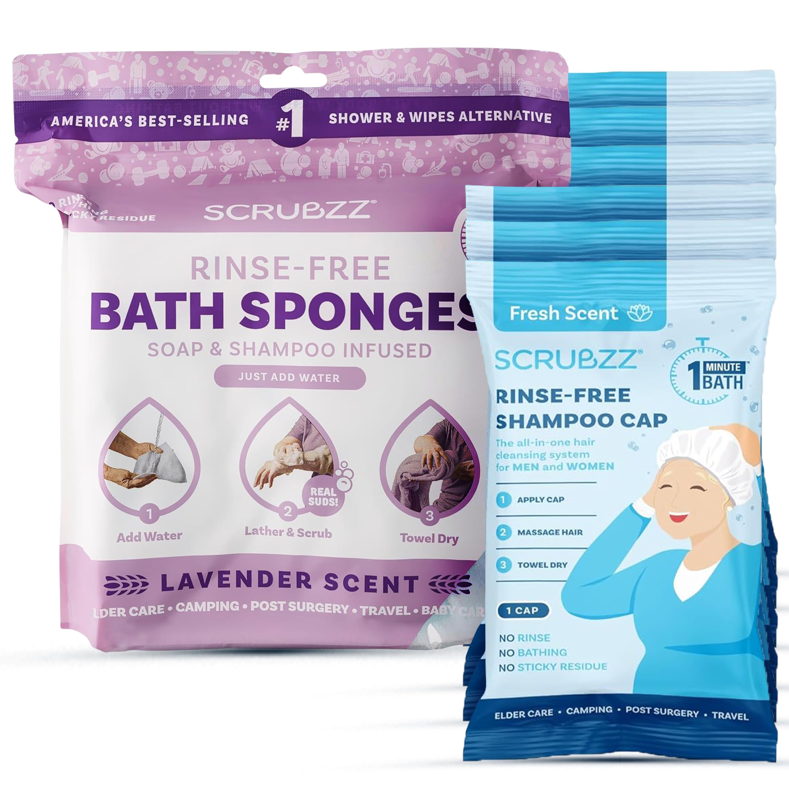 Scrubzz Lavender Scented Rinse Free Bathing Sponges and Fresh Scented Shampoo Caps Bundle for Elderly Bedridden and Post Surgery Patients