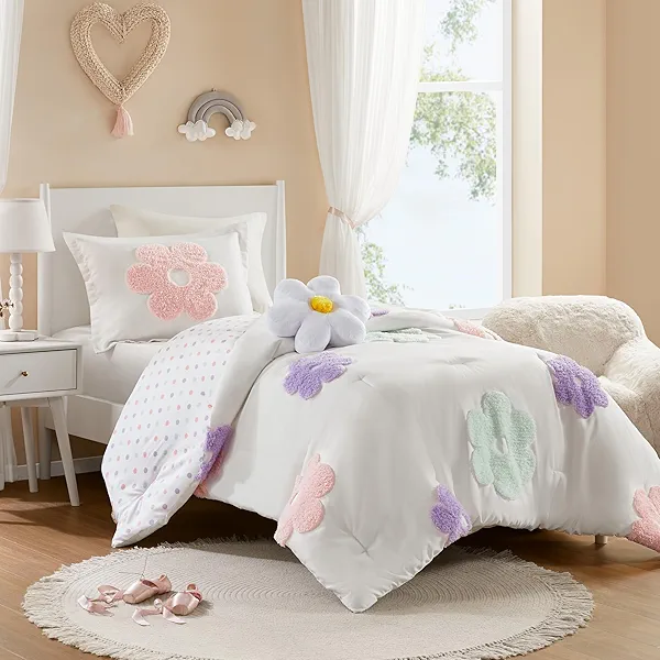 Urban Habitat Kids Twin Comforter Set for Girls, Tufted Chenille Floral Comforter Set Twin, Lightweight Polka Dot Comforter Reversible Bed Set, Sham, Pillow, Gracie, Twin White/Purple 3 Piece
