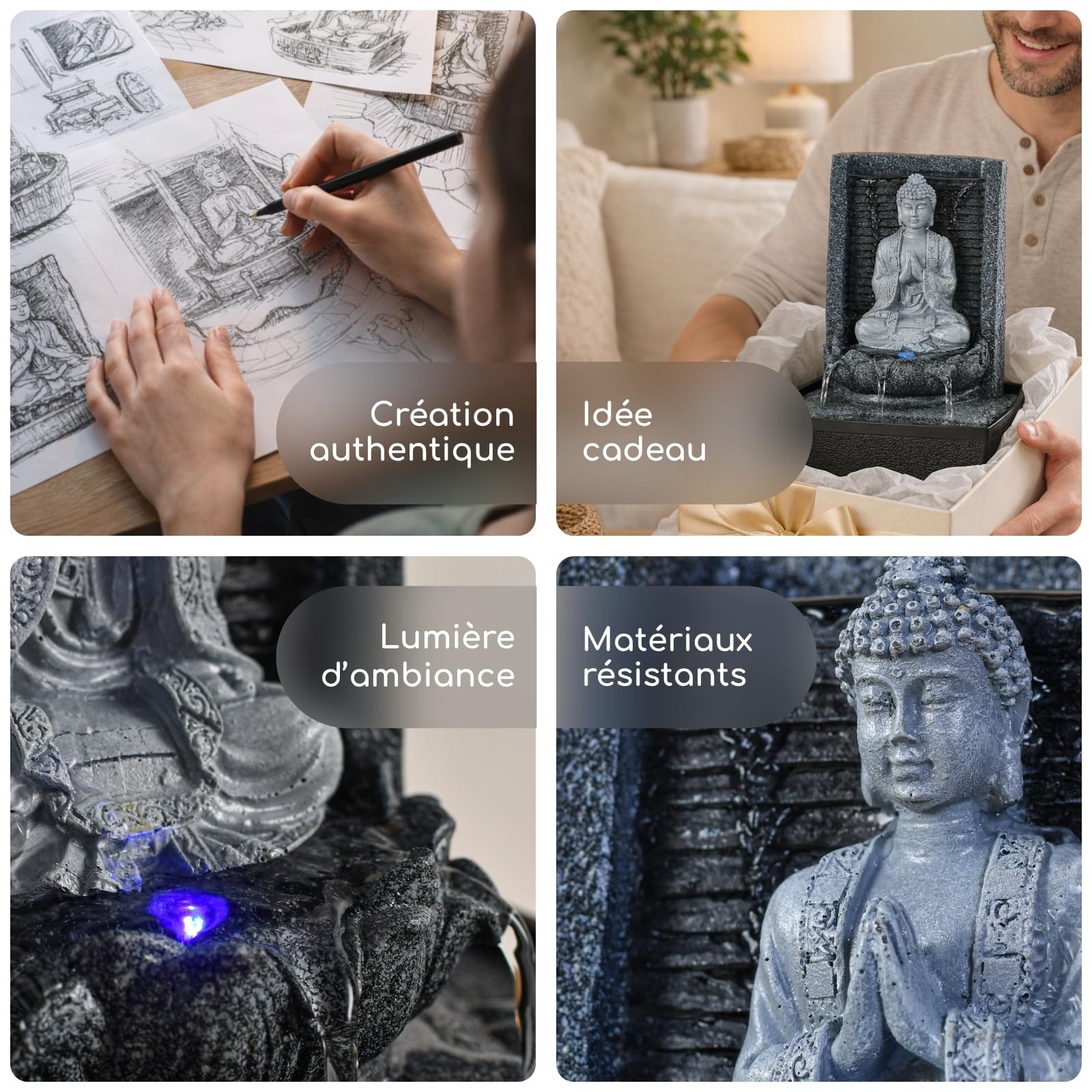 Fontaine d’Intérieur Bouddha Mur d’Eau Cascade Lotus Lumière LED Blanc – Déco Zen Salon Chambre Feng Shui - Fontaine de Table Circuit fermé - Cadeau Utile– H 26cm – Nirvana Zen’Light