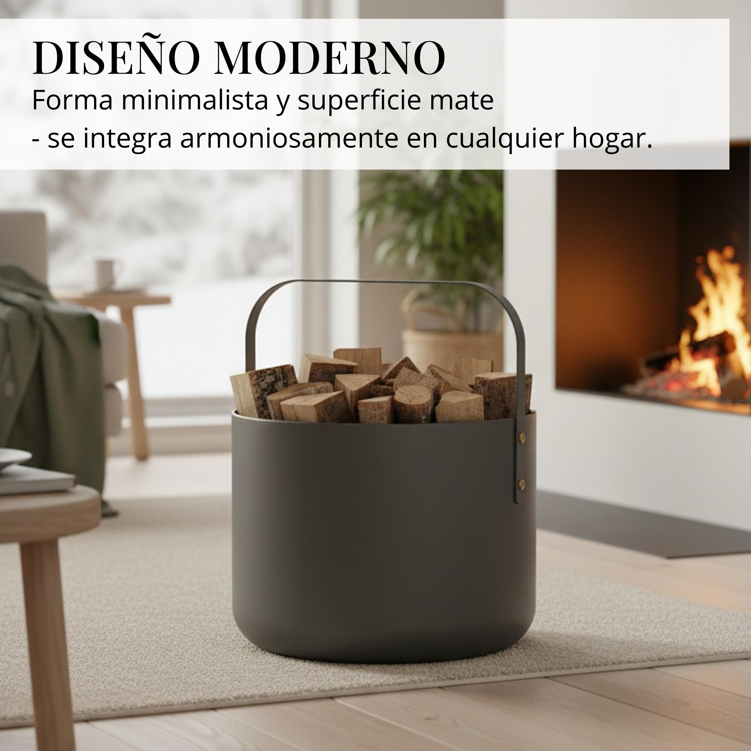 Cesta de diseño LIVLIG para leña de metal, cesta de madera para leña con asa, gran cesta para leña de 36 x 44 cm, cesta de leña como accesorio para chimenea, cesta de almacenamiento con aspecto mate