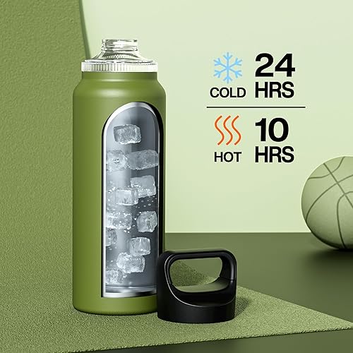 Miniatura 3 de Botella de agua aislada de 40 oz para campamento 3 tapas, a prueba de fugas, mantiene el hielo 24 horas y caliente 12 horas, doble pared, botella de