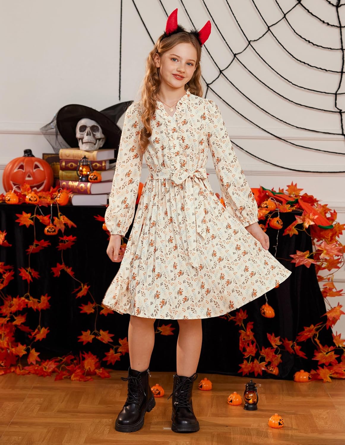 GRACE KARIN Girls Long Sleeve Fall Dress Floral Pleated Casual Holiday Party Teen Flower Dresses Size 6-14Y - Image 3