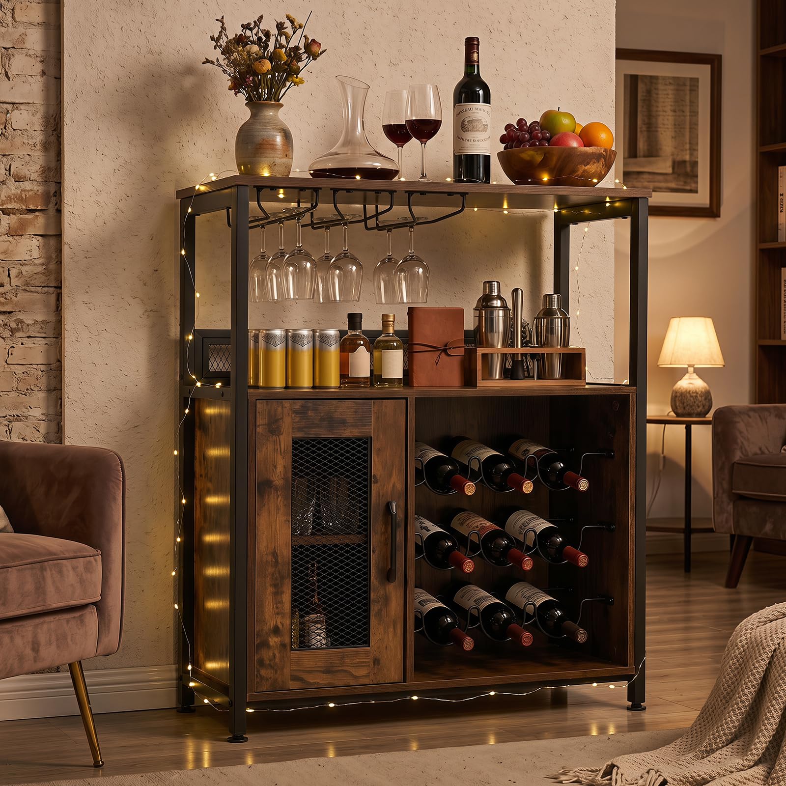 GIANTEX Armoire à Vin avec 3 Porte-Verres et Casiers à 9 Bouteilles, Meuble à Vin avec Kit Anti-Basculement, Organisateur Industrielle pour Salon, Salle à Manger, Cuisine, Bar, Marron Rustique
