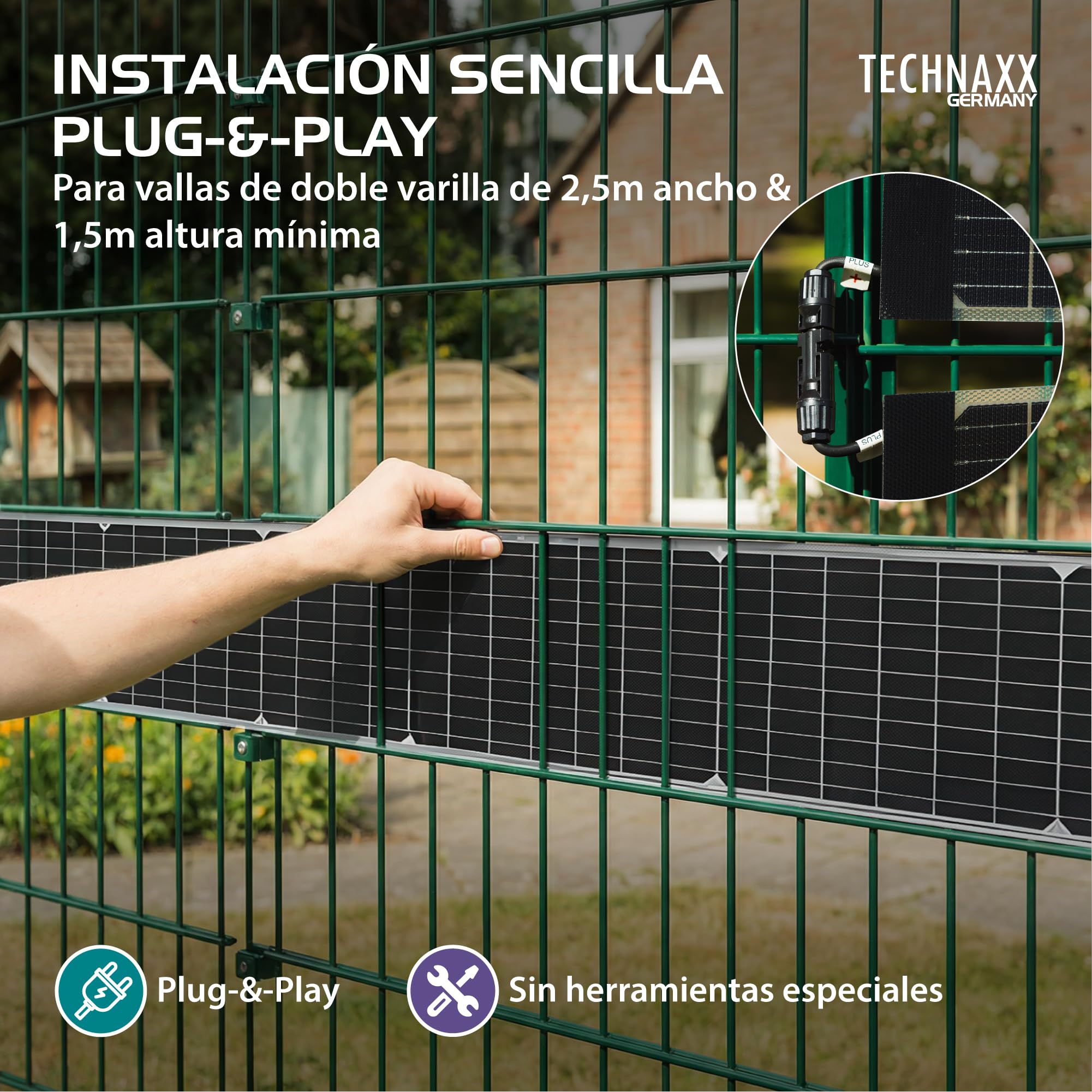 Technaxx TX-356 Valla solar bifacial 480W – Kit completo con 6x 80W paneles solares PERC monocristalinos, inversor 800W & cable Schuko – Privacidad & energía solar – Eficiencia 17,5%
