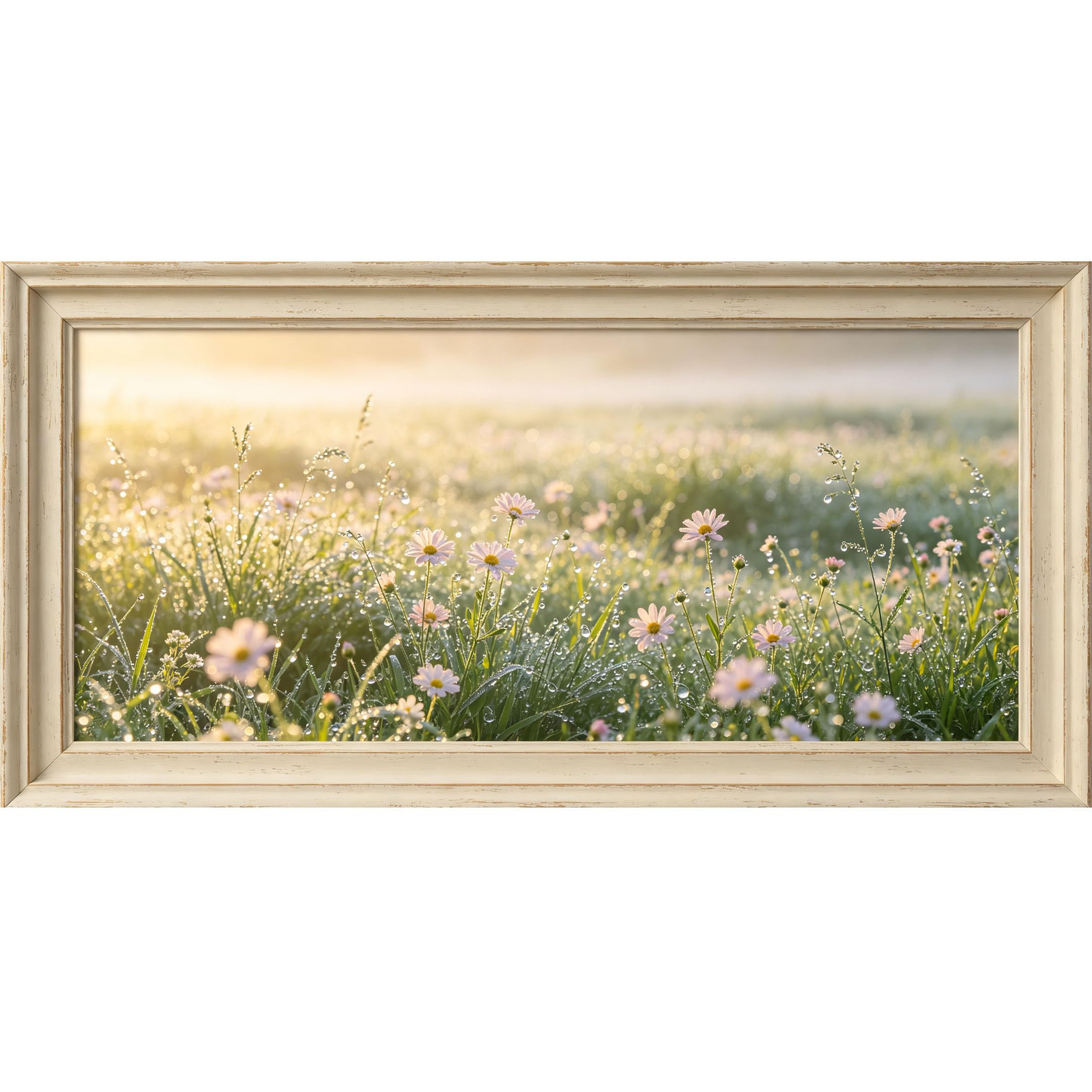 Agglomerix 3D Framed Wall Art Morning Daisy Field Botanical Landscape Sunbeam Dew Drops Large Size SelfAdhesive Removable Wall Decor Prints Artwork for Living Room Bedroom Office