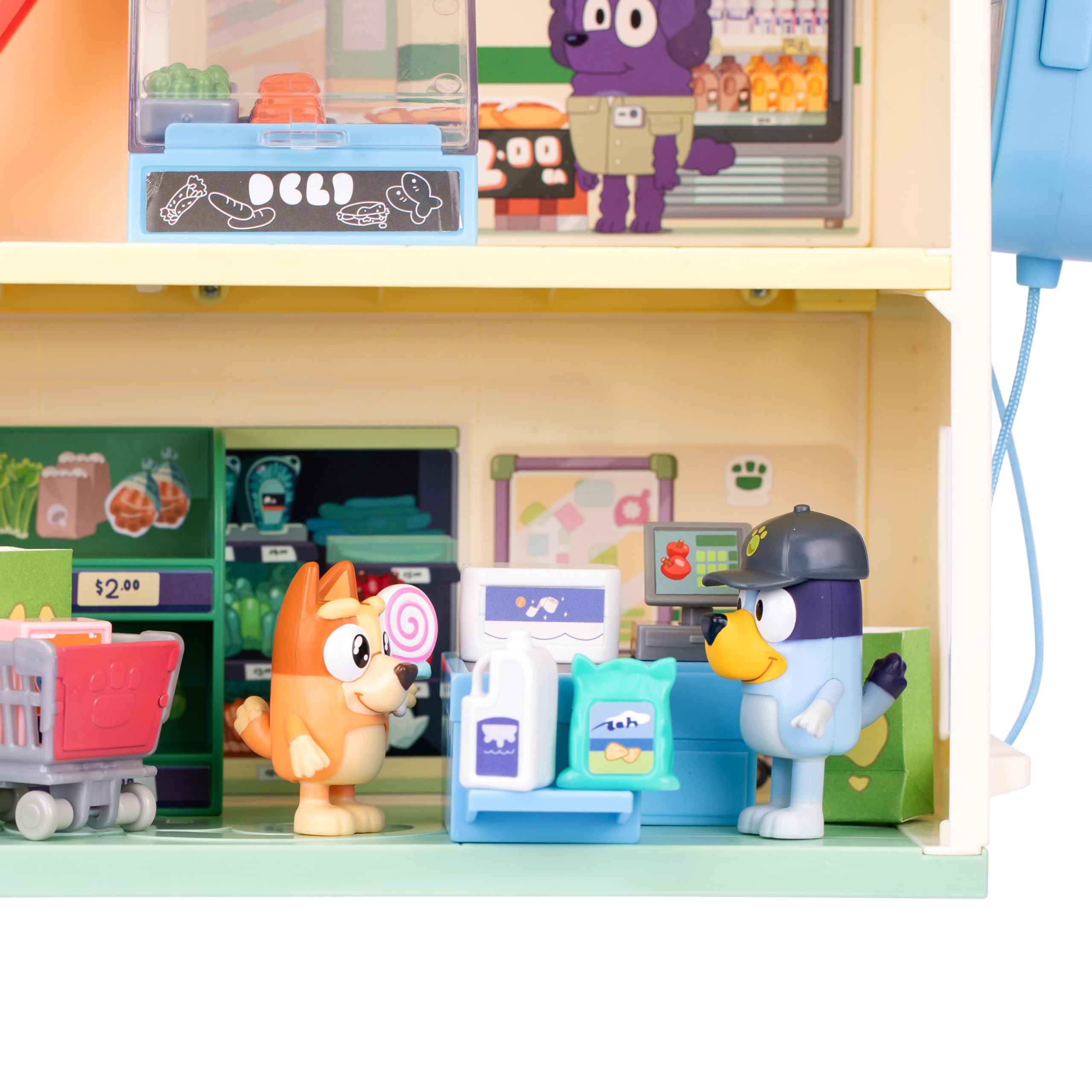Bluey Set de Juego Supermercado, 3 Pisos con Figuras exclusivas Bingo, Incluye Escalera mecánica, 24 Sonidos, más de 15 Piezas de Juego y un intercomunicador, Altura Superior a 40 cm
