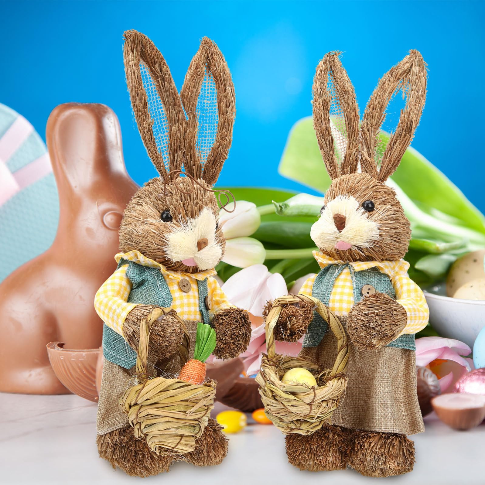 Happyyami Set Coniglio in Paglia e Cotone 2 Pezzi Decorazioni Pasquali 35cm Figurine Coniglio Adorabili per Tavolo e Casa