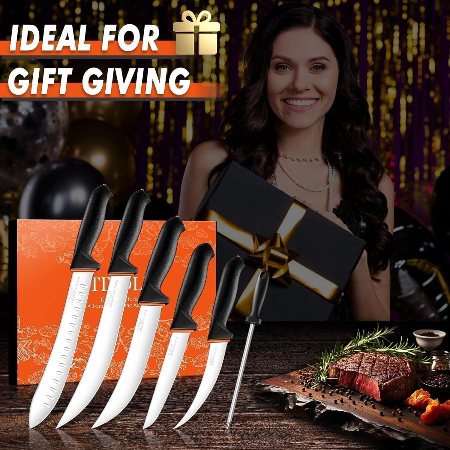 TIVOLI 6 PCS Professional Butcher Knife Set, Game Processing Knife Set, Non-Slip Softgrip, German Stainless Steel, Skinning Boning Trimming Poultry Knife Set For Meat Cutting, Incl 7" Sharpener Rod - Image 7