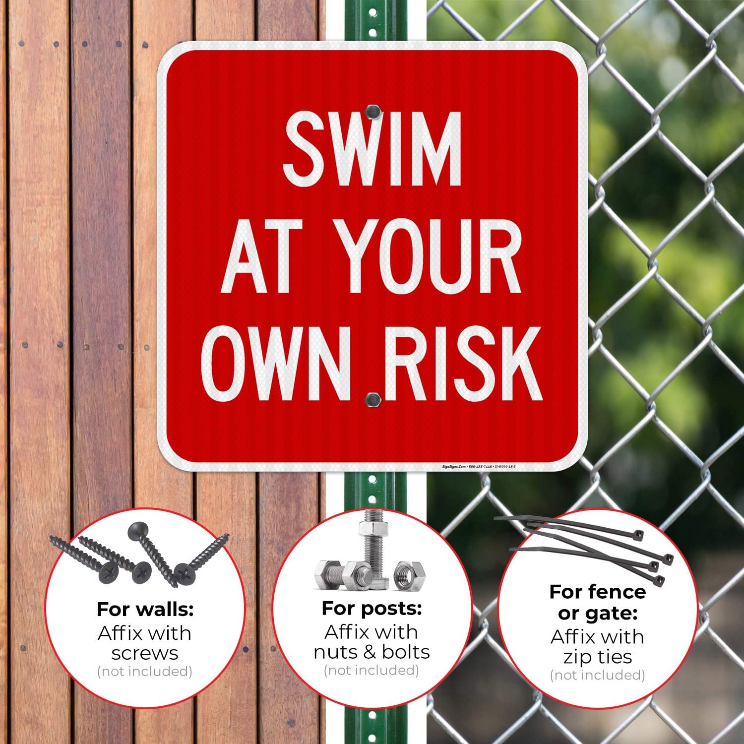 Swim at Your Own Risk Sign, Pool Sign, (SI-6595) 18x18 Inches, 3M EGP Reflective .063 Aluminum, Fade Resistant, Made in USA by Sigo Signs